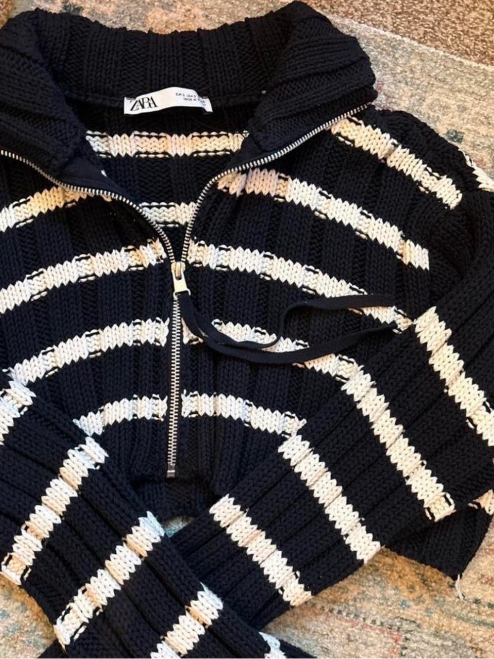 Zara Navy and Cream Striped Half-Zip Turtleneck Sweater